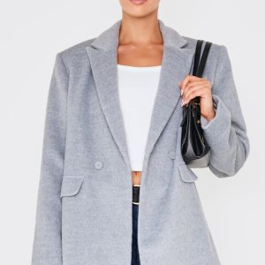 Grey Oversized Textured Wool Look Blazer