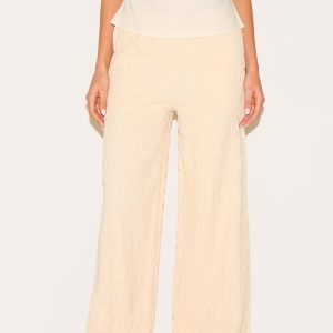 Cream Textured Jersey Drawstring Waist Wide Leg Trousers
