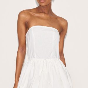 White Linen Bandeau Tie Waist Puffball Dress
