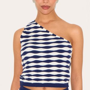 Petite Navy Knitted One Shoulder Striped Long Fitted Top