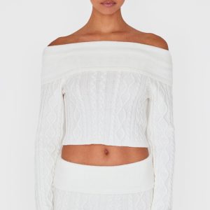 Cream Foldover Cable Knit Bardot Cropped Jumper