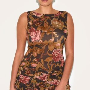 Plus Black Floral Printed Chiffon Boatneck Crop Top