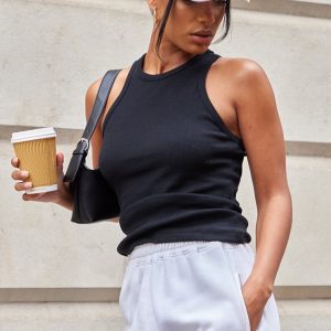 Black Soft Basic Ribbed Racer Vest