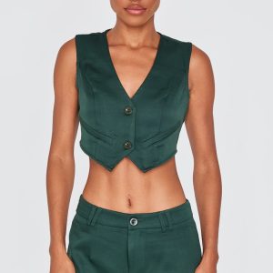 Forest Green Woven Belted Back Detail Suit Waistcoat Top