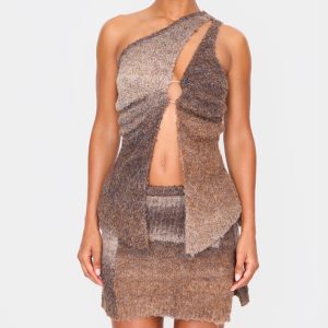 Mocha Stripe Textured Knit O Ring Asymmetric Cut Out Top