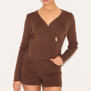 Petite Chocolate Asymmetric Compact Knit Cardigan