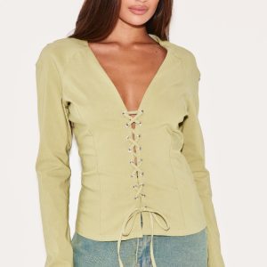 Sage Stretch Woven Tie Front Fitted Shirt