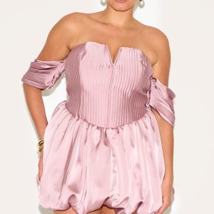 Plus Rose Satin Puffball Bardot Shift Dress