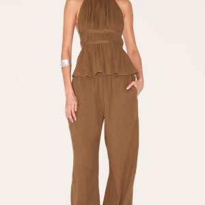 Mushroom Cheesecloth Low Rise Wide Leg Trousers