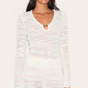 Ecru Sheer Bobble Crochet Long Sleeve Beaded Keyhole Cut Out Top