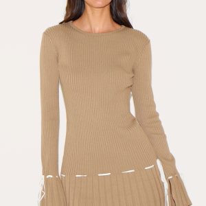 Taupe Rib Knit Pleated Contrast Tie Detail Long Sleeve Mini Dress