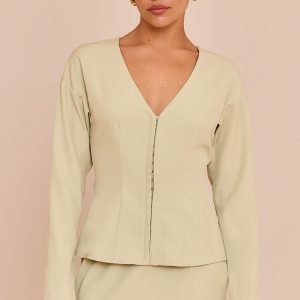 Petite Soft Olive Collarless Hook And Eye Cinched Waist Long Top