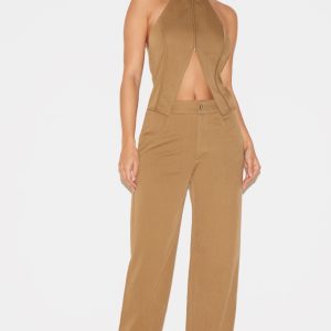 Khaki Woven High Neck Zip Detail Straight Leg Jumpsuit