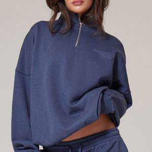 PRETTYLITTLETHING Navy Premium Print Half Zip Sweatshirt