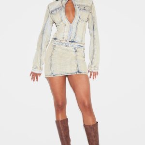 Light Blue Acid Wash Seam Detail Denim Mini Skirt