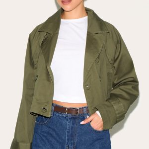 Khaki Cropped Storm Flap Detail Trench Coat
