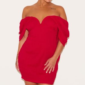 Plus Red Textured V Bar Bodycon Dress