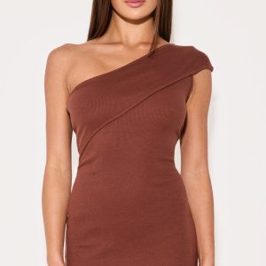 Chocolate Rib Fold One Shoulder Mini Dress