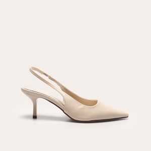 Cream Pu Point Toe Sling Back Mid Heeled Courts