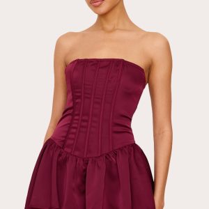 Burgundy Satin Corset Detail Bandeau Playsuit
