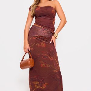 Brown Floral Print Low Rise Maxi Skirt