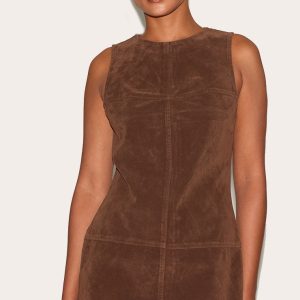Deep Chocolate Structured Faux Suede Seam Detail Sleeveless Shift Dress