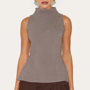 Mushroom Bengaline High Neck Waist Detail Long Top