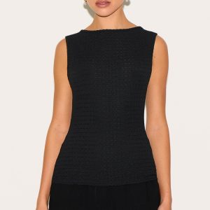 Black Textured Boat Neck Vest Top