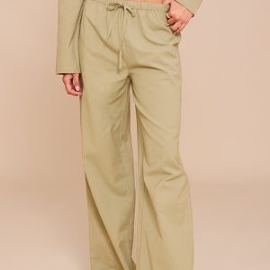 Khaki Wide Leg Drawstring Trousers