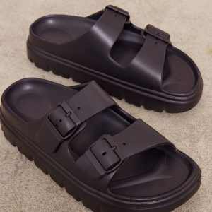 Black Round Toe Chunky Sole Buckle Detail Sandals