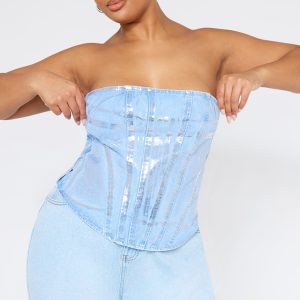 Plus Silver Washed Foil Denim Corset