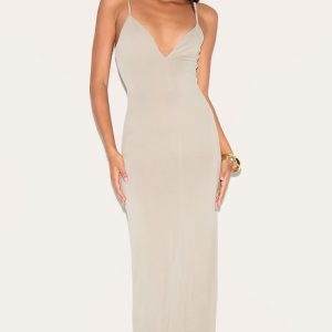 Khaki Modal V Neck Strappy Maxi Dress