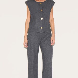 Dark Grey Brushed Rib Low Rise Straight Trousers