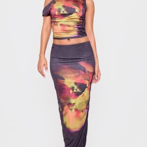Petite Black Double Slinky Flower Print Maxi Skirt