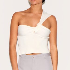 Petite Cream Knitted One Shoulder Bow Top