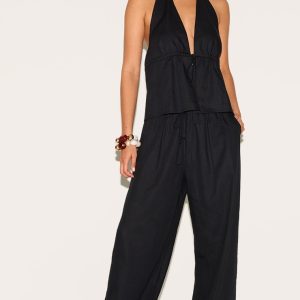 Black Linen Look Drawstring Wide Leg Trousers