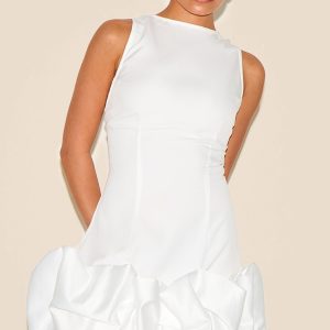 Petite White Satin Puffball Mini Dress