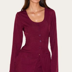 Burgundy Tailored Button Down Scoop Neck Playsuit