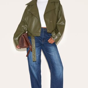 Dark Khaki Faux Leather Belted Relaxed Fit Biker Jacket