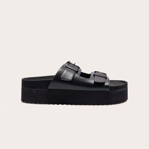 Black PU Round Toe Double Buckle Strap Chunky Flat Sandals