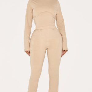 Shape Oatmeal Cotton High Waist Flared Trousers