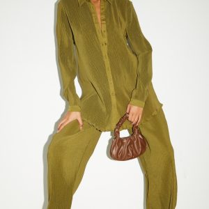 Tall Olive Plisse High Waisted Wide Leg Trousers