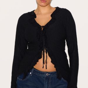 Plus Black Textured Knit Frill Detail Tie Front Top
