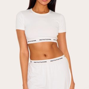 PRETTYLITTLETHING Cream Tape Short Sleeve PJ Top