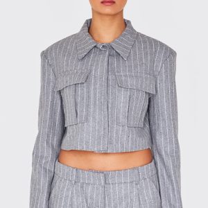 Grey Premium Pinstripe Pocket Detail Cropped Shirt