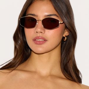 Gold Silver Slim Brown Round Sunglasses