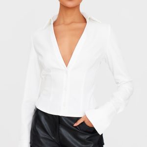 White Fitted Plunge Shirt