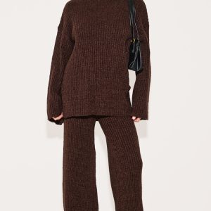 Chocolate Rib Boucle Knit Wide Leg Trouser