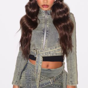 Petite Vintage Wash Denim Belt Detail Jacket
