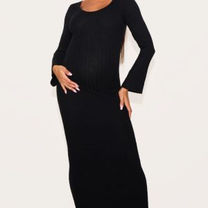 Maternity Black Knitted Scoop Neck Midaxi Dress